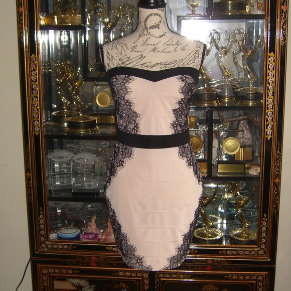 Lipsy Dresses & Skirts - LIPSY BEIGE BLACK LACE STRAPLESS BODYCON DRESS US8